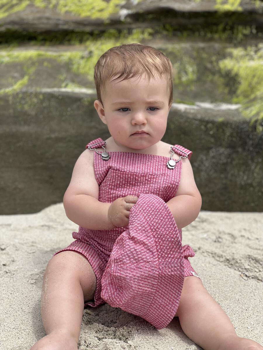 Me & Henry Galleon Seersucker Woven Overalls – Coral