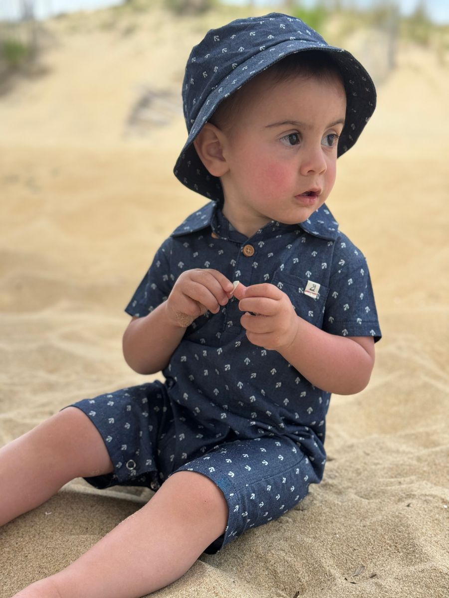 Me & Henry Sandy Polo Romper – Chambray Anchor Navy Blue