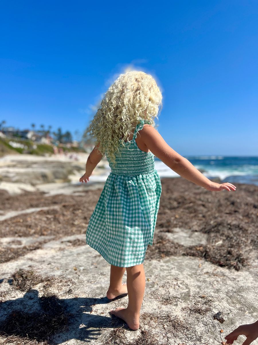 Vignette, green plaid, button front, smocked top with spaghetti strap dress