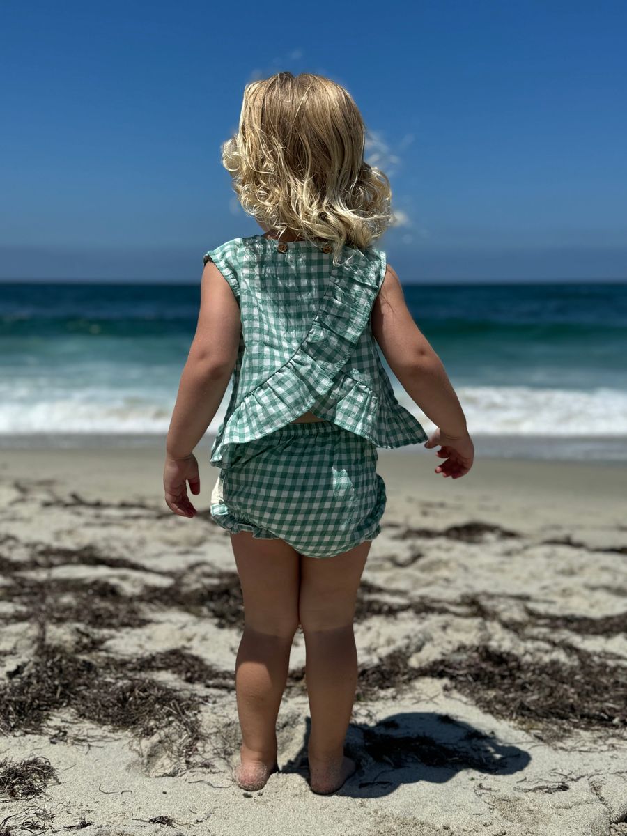 vignette, green, plaid, tank and bloomers, ruffled bottom, criss cross back