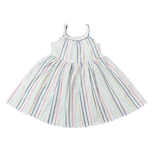 vignette, white, spaghetti strap dress, with stripes of pink, blue, and yellow