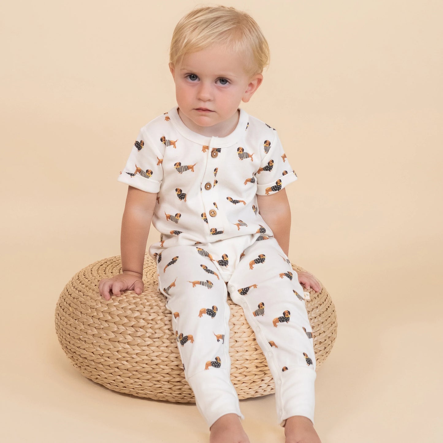 makemake, dog, pajamas, button, romper, short sleeve, wiener dog, dachshund