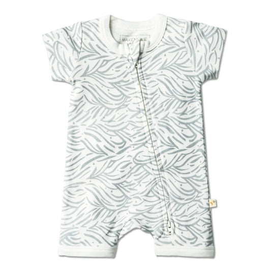Makemake, blue waves, zipper, romper, with short sleeves and shorts, organic cotton