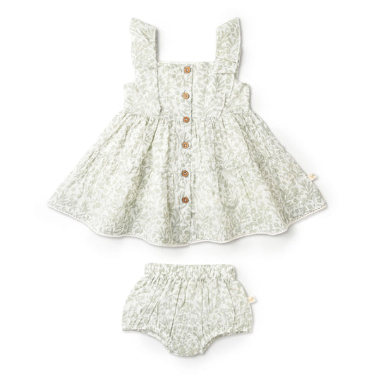 MakeMake, green, sage, floral, sleeveless dress with button front detail.  Organic cotton