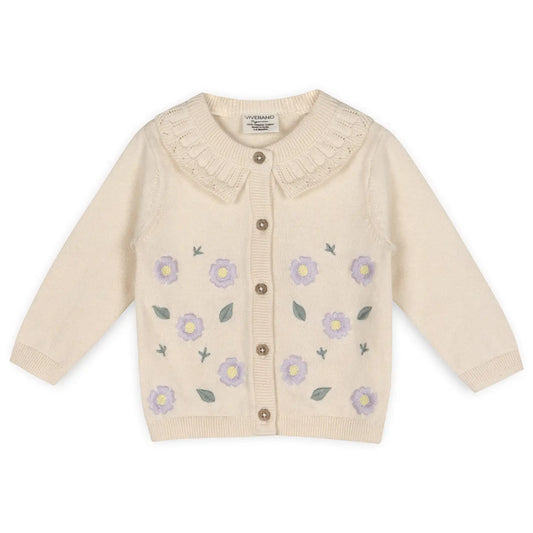 viverano, cream cardigan, with purple flowers and a ruffle collar, girl, organic knit