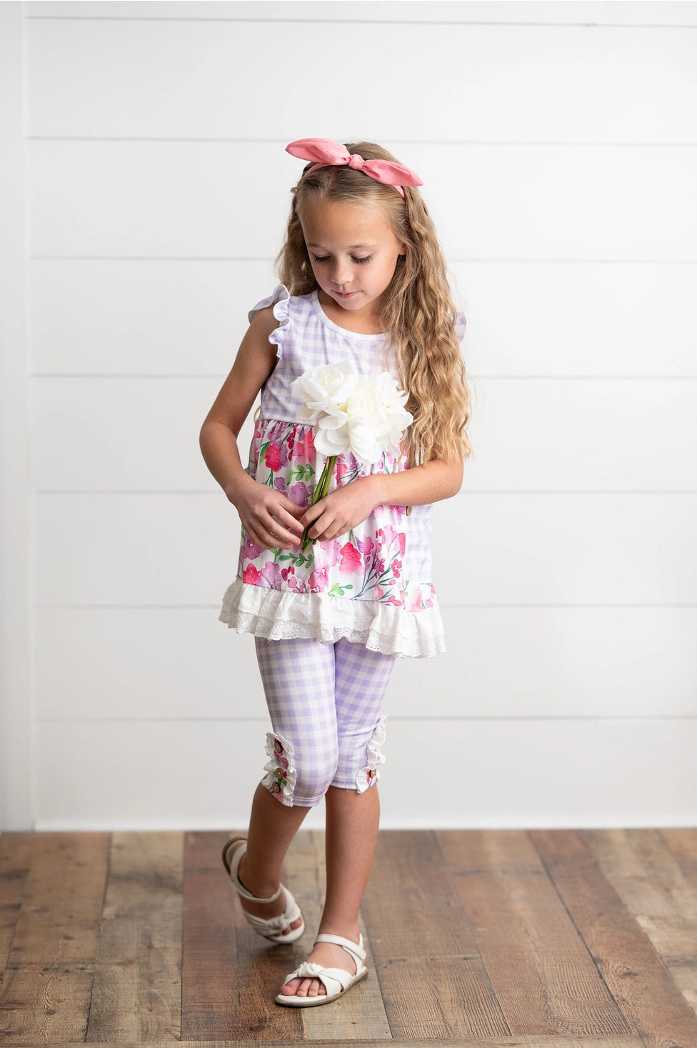 Oopsie Daisy Kid's Lavender Gingham & Floral Capri Ruffle Summer Set