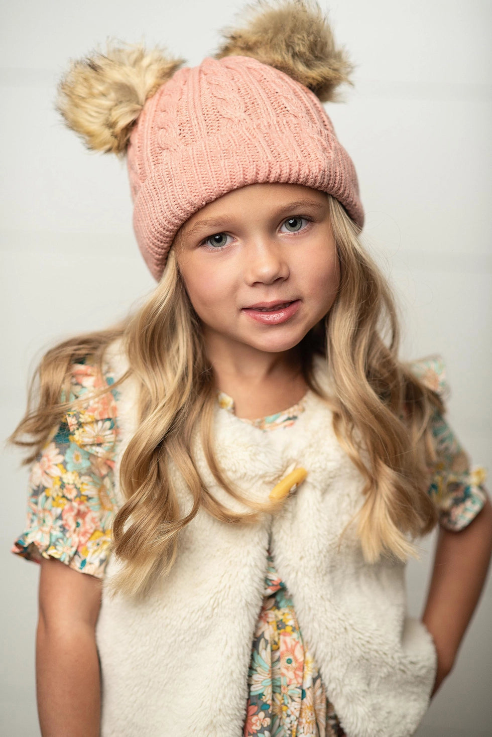 Oopsie Daisy Kid's Pink Cable Knit Fur Double Pom Pom Beanie Winter Hat