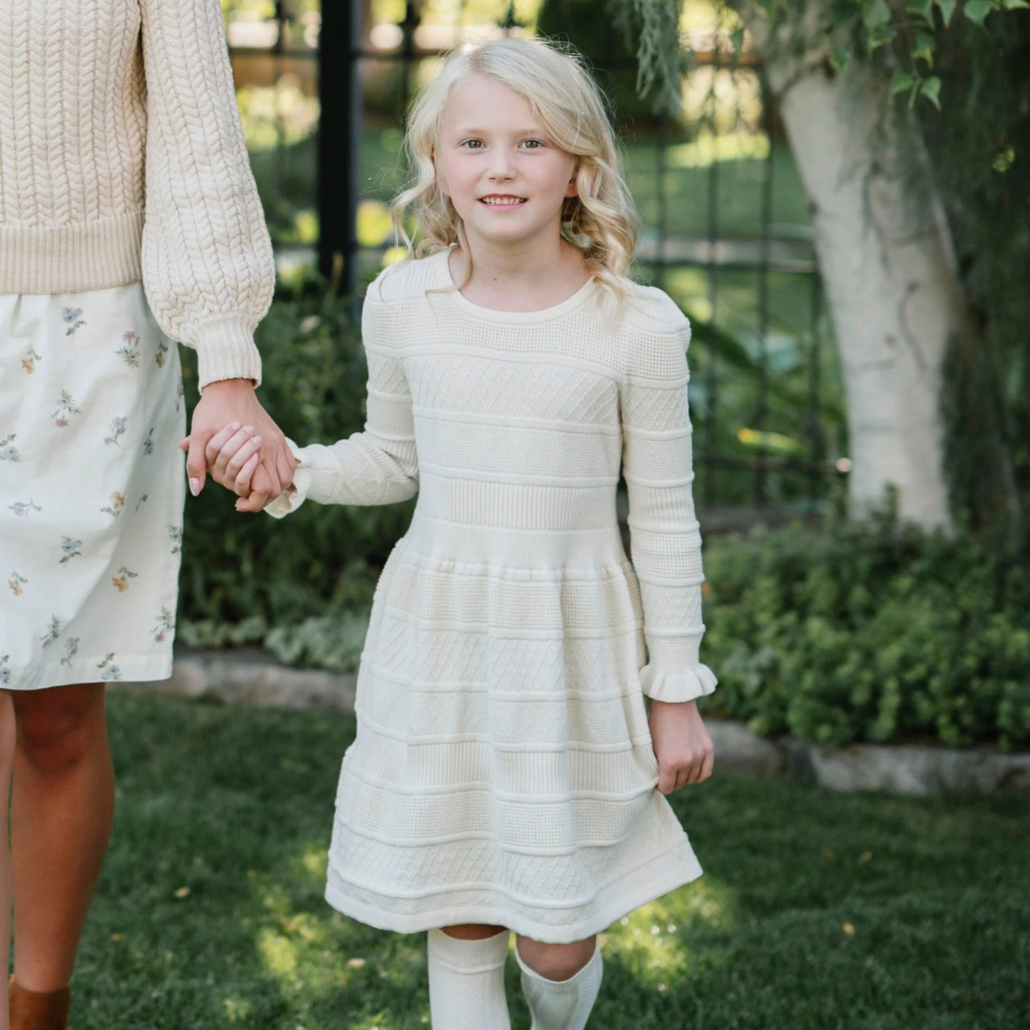 Hope & Henry Organic Ruffle Cuff Sweater Dress - Ivory Textured Stripe