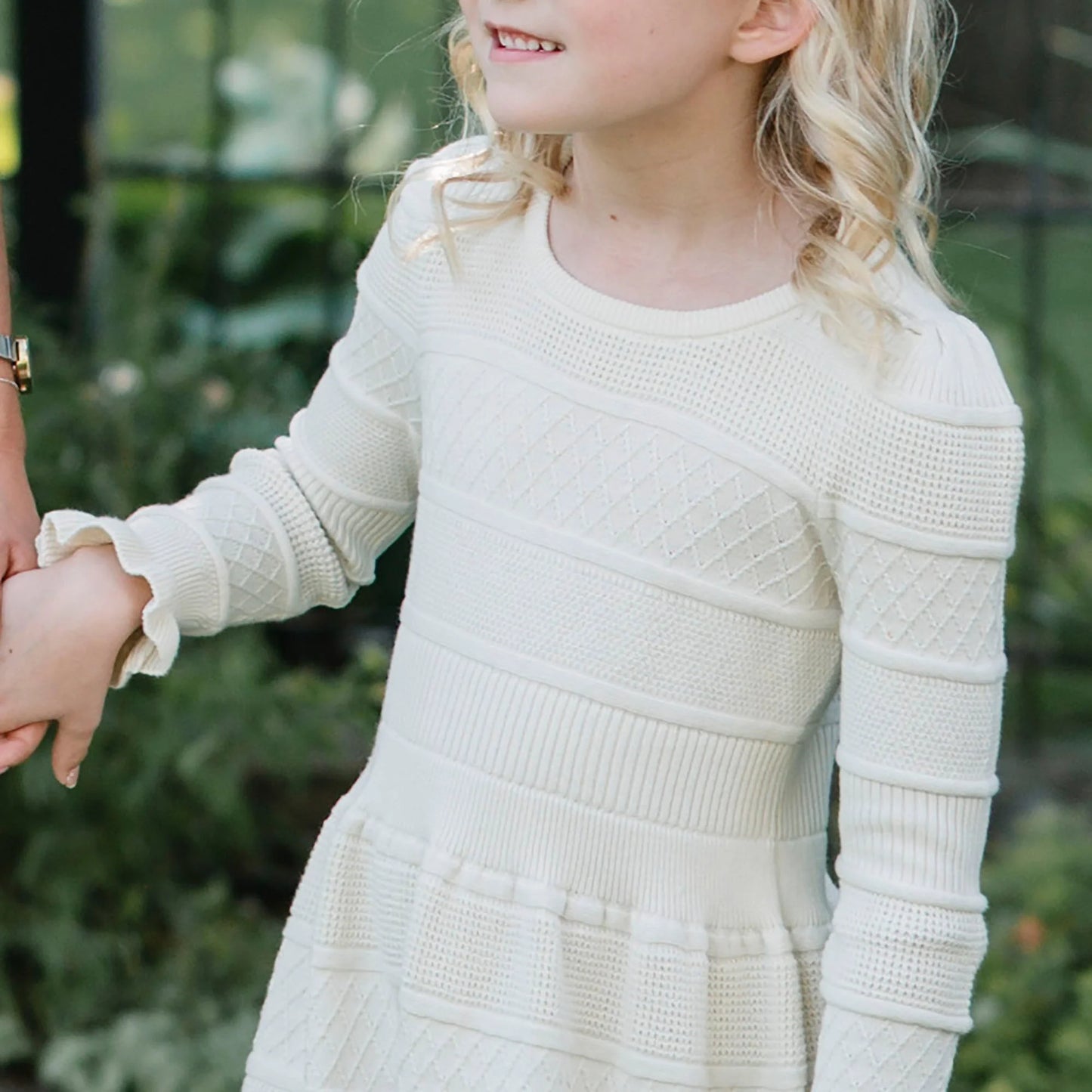 Hope & Henry Organic Ruffle Cuff Sweater Dress - Ivory Textured Stripe