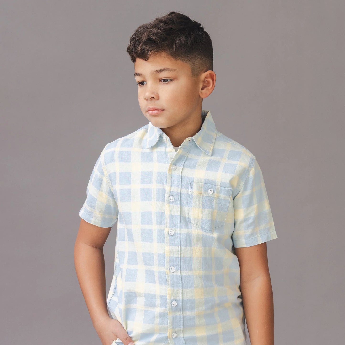 Hope & Henry Linen Short Sleeve Shirt - Blue Plaid