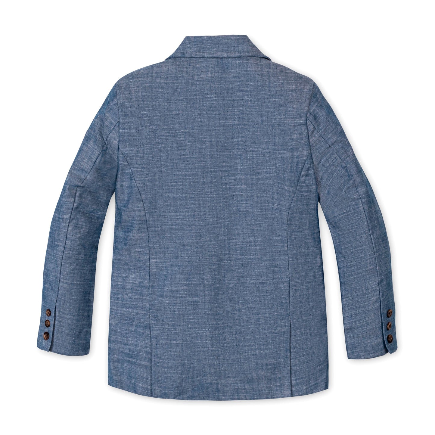 Blue chambray textured blazer on a white background