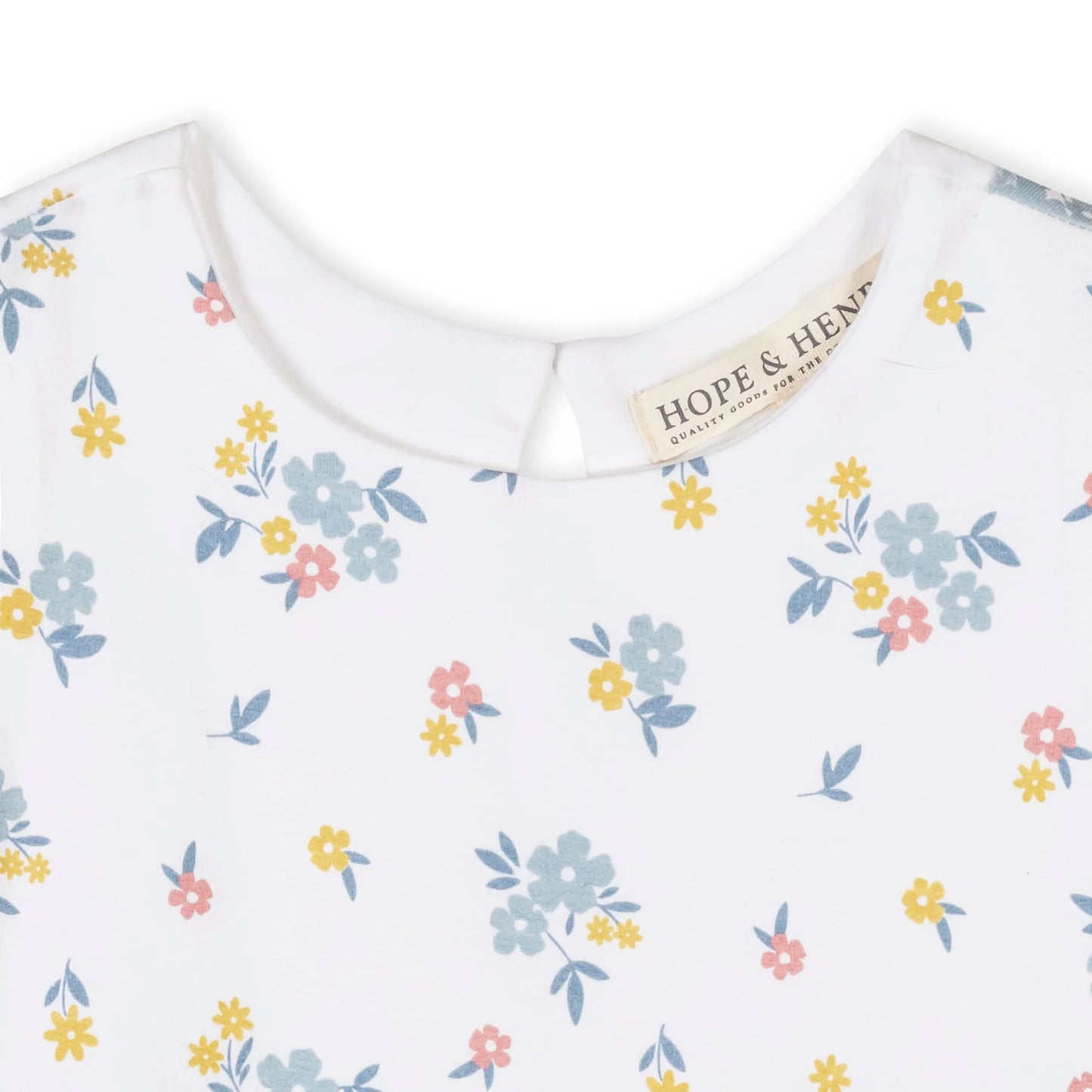 sleeveless White spring easter dress with colorful pink, blue, and yellow floral pattern on a white background