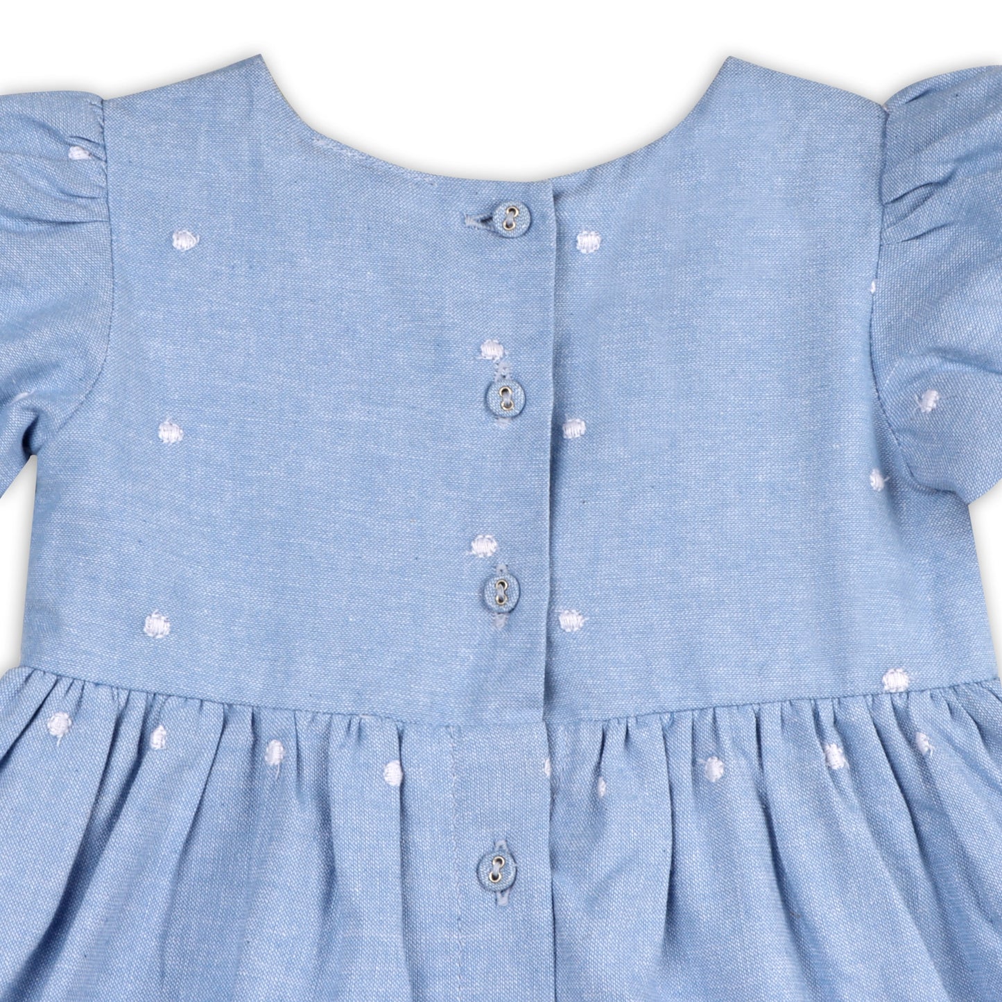 viverano, organic cotton, blue chambray, easter dress, cap sleeves, eyelet