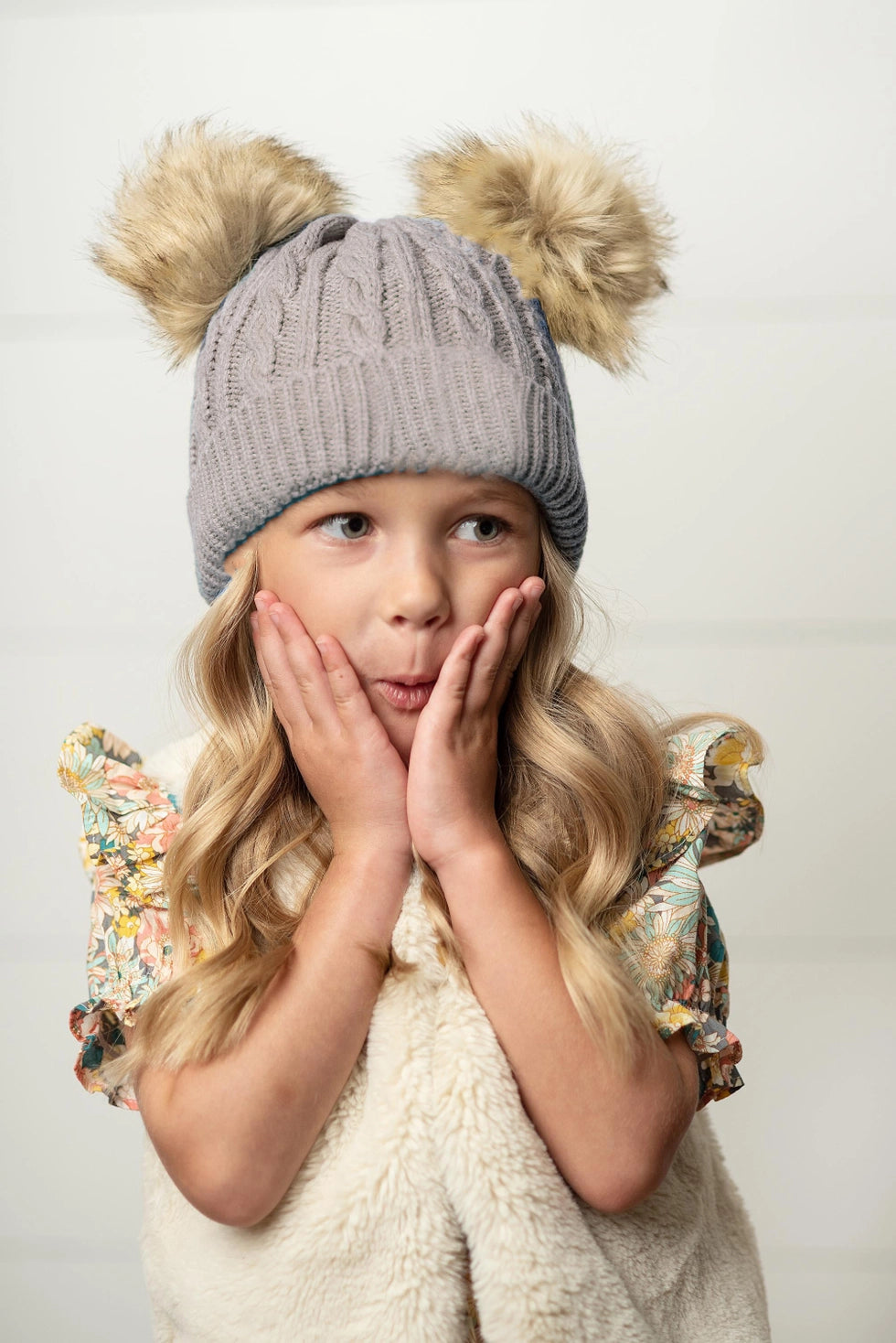 Oopsie Daisy Kid's Gray Cable Knit Fur Double Pom Pom Beanie Winter Hat