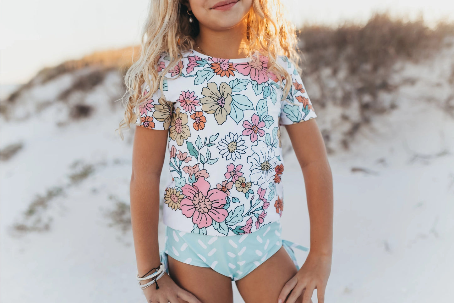 Oopsie Daisy Kid's Pale Pink Floral & Mint Sea Rash Guard Swimsuit