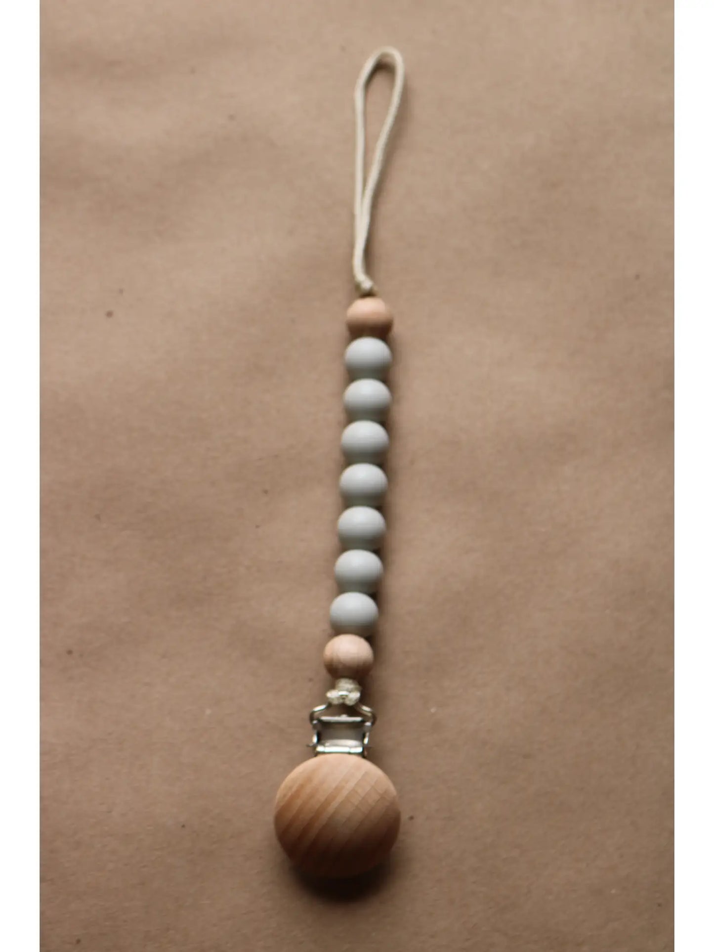 wooden pacifier clip beads grey baby binky clip