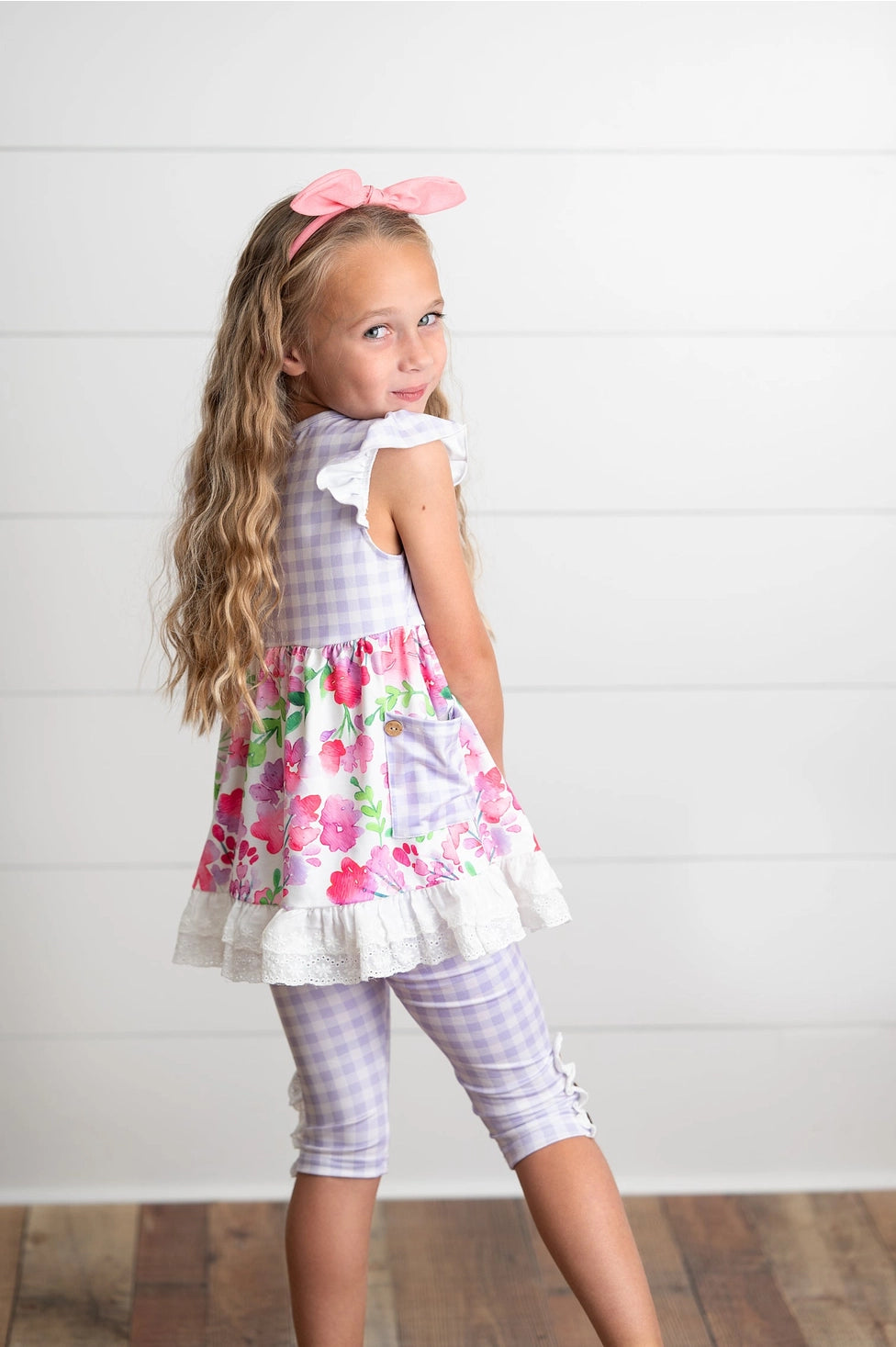 Oopsie Daisy Kid's Lavender Gingham & Floral Capri Ruffle Summer Set