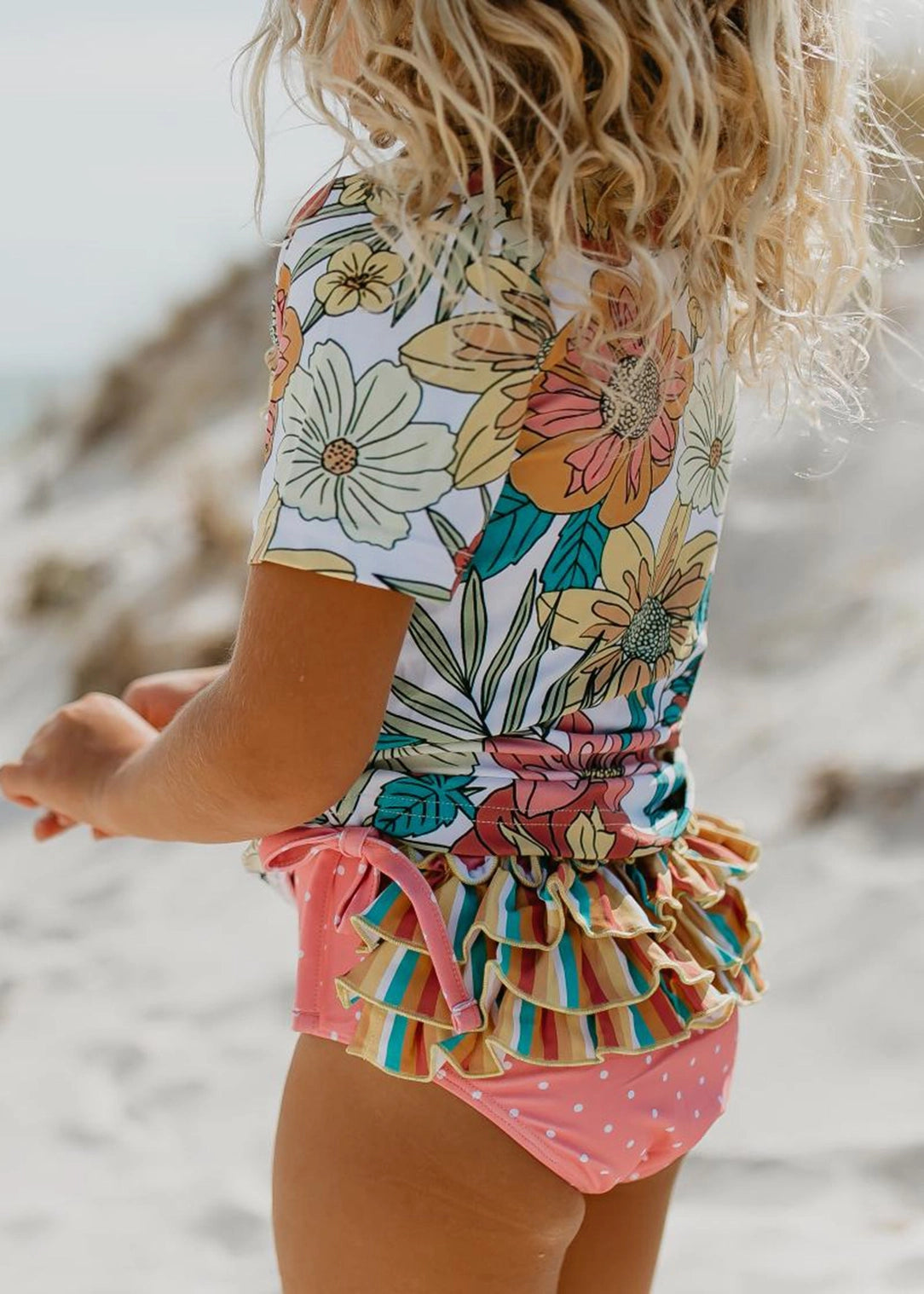 Oopsie Daisy Kid's Pink Tropical Rash Guard Ruffle Swimsuit