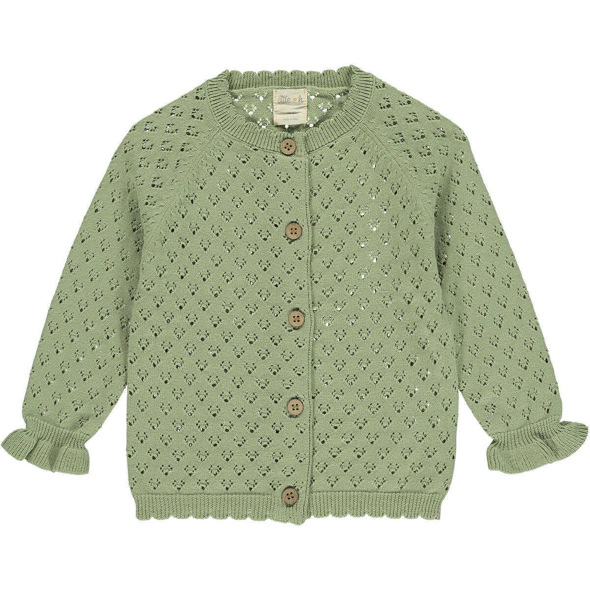 ettie and h, sage, aurora cardigan, green, lace, ruffle detail, dressy, sweater, cotton, oregano
