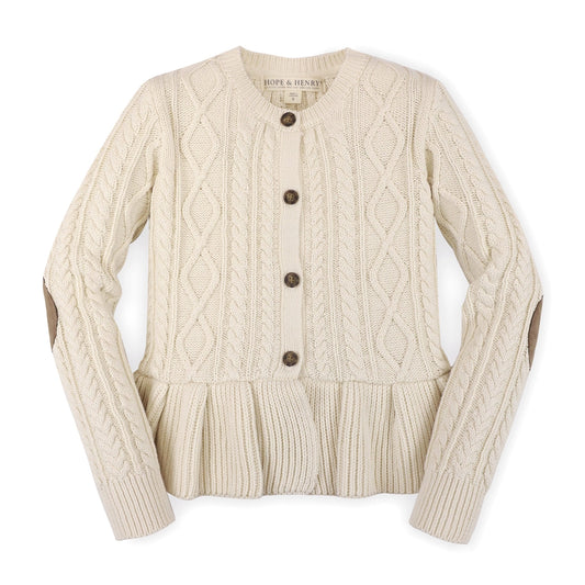 little girls ivory cable knit cardigan, ruffle bottom detail, suede elbows, dress sweater, winter, fall look