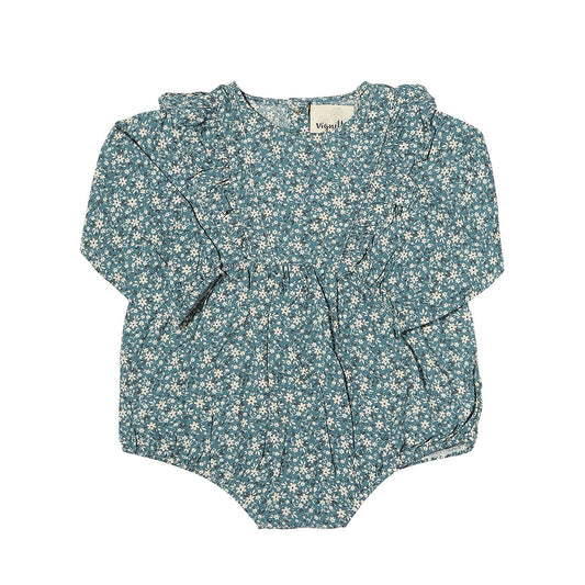 vignette, girl, romper, bubble, long sleeve, blue, cream floral, ruffle neck, baby