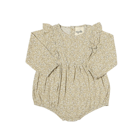 vignette, baby girl, beige, cream, floral, bubble, romper,  fall, long sleeve, ruffle