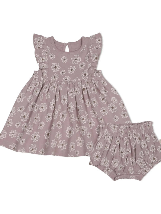 makemake flutter sleeve plum purple dress with daisies