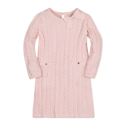 hope and henry, pink, sweater dress, cable knit, pockets, bow on neck, long sleeve, knee length