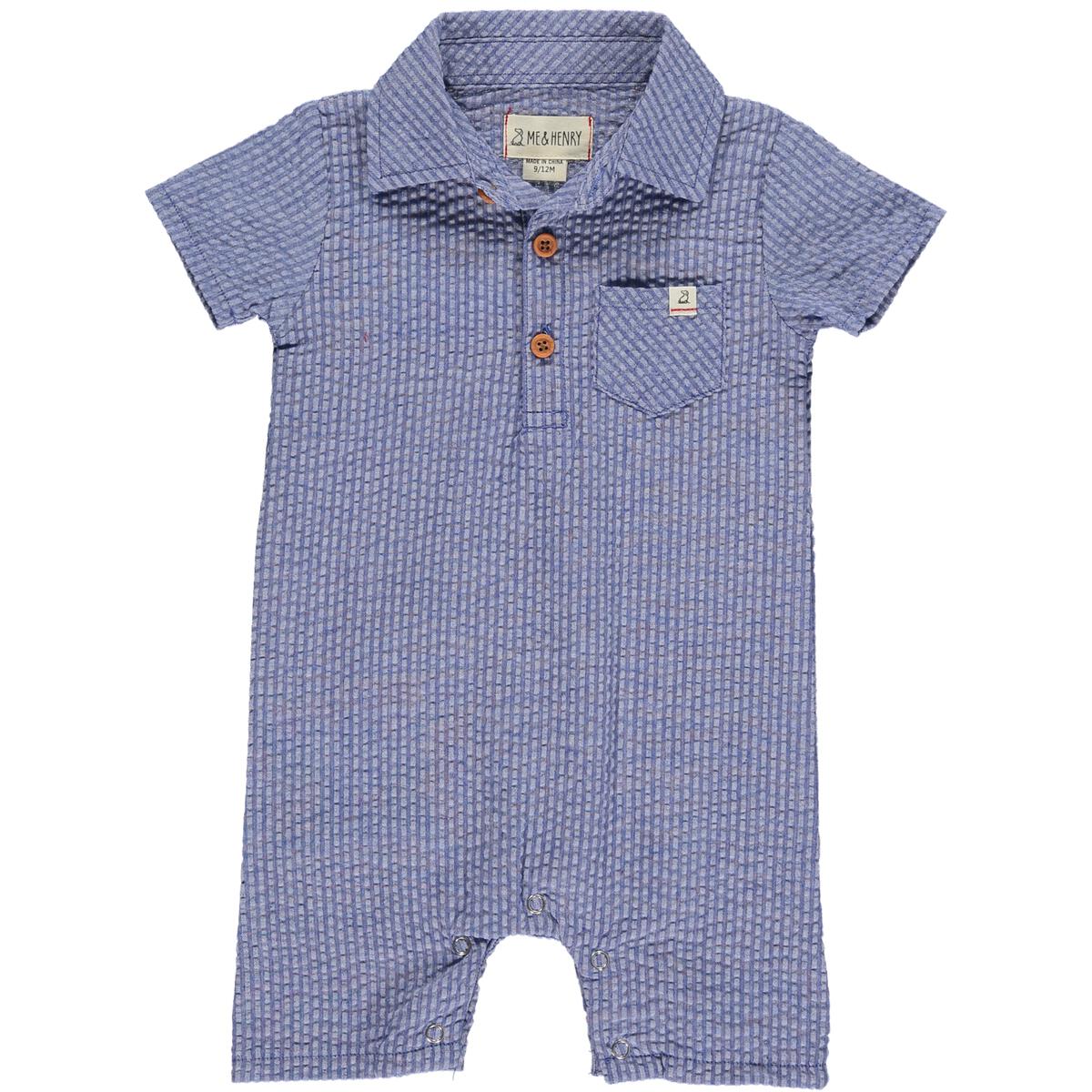 me and Henry, blue, seersucker, polo, romper, short sleeve, shorts, little boy, toddler, baby, boy, dressy, collar, pocket