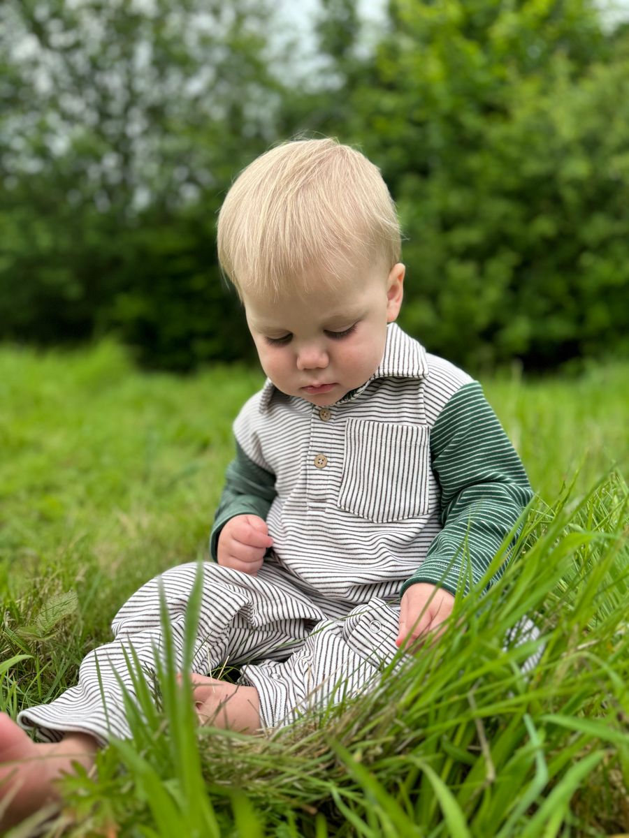 Me & Henry Arlington Cosy Polo Romper – Cream/Green Arms