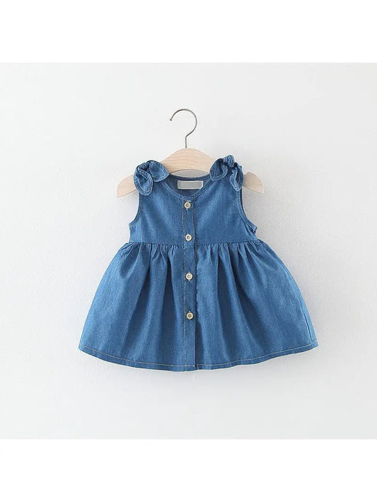 MyKids USA Baby Girl Solid Blue Denim Dress In Summer – Blue