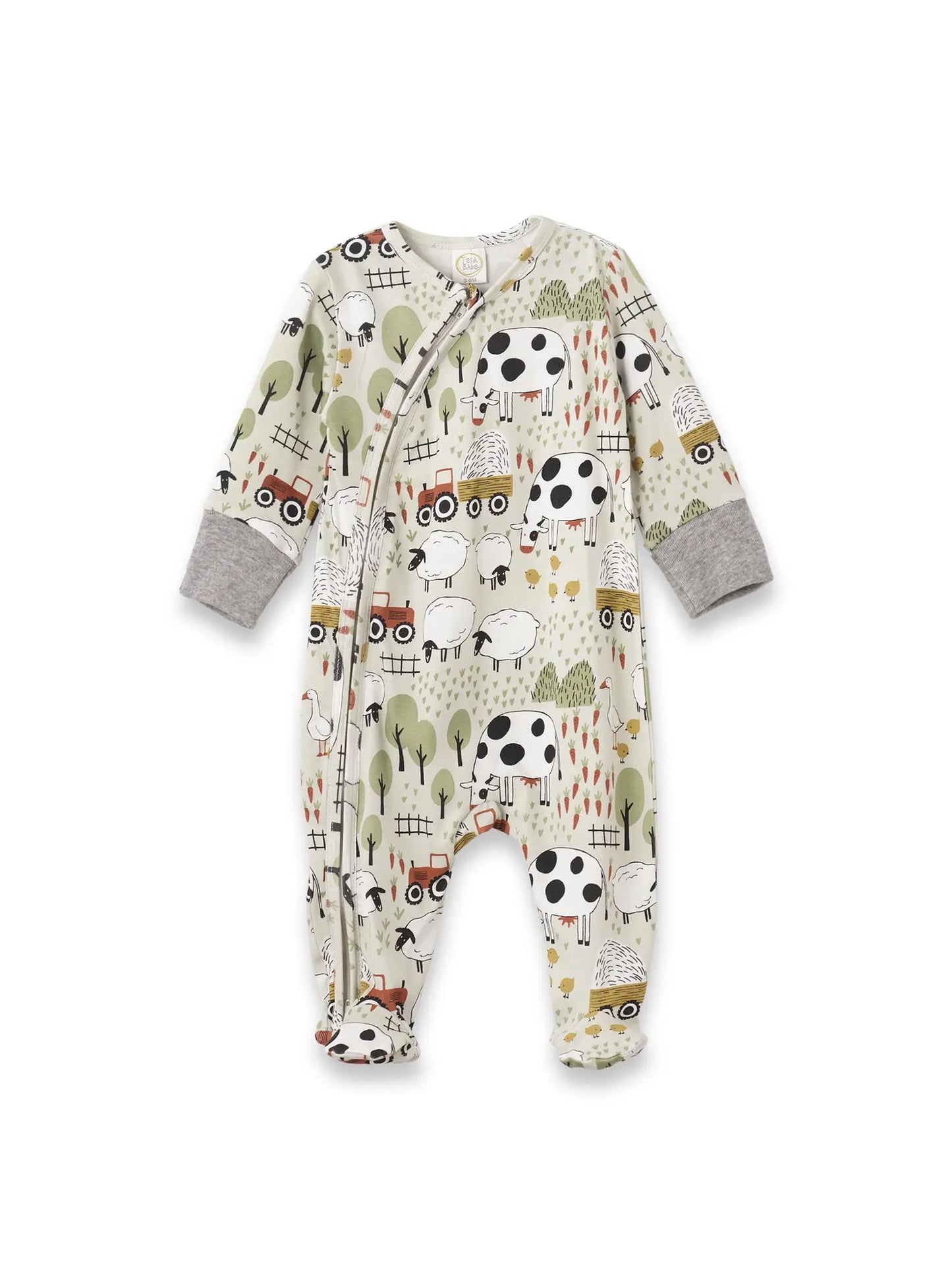 Tesa Babe Baby Boy's Farmyard Bamboo Zipper Romper pjs cows tractors green