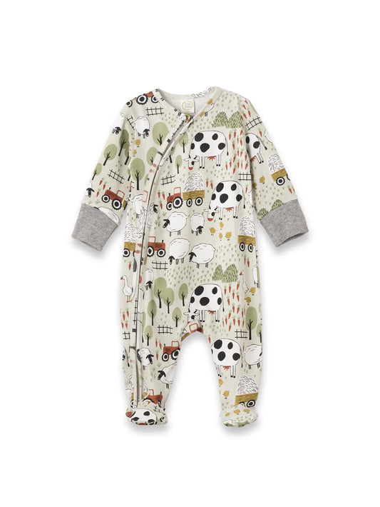 Tesa Babe Baby Boy's Farmyard Bamboo Zipper Romper pjs cows tractors green