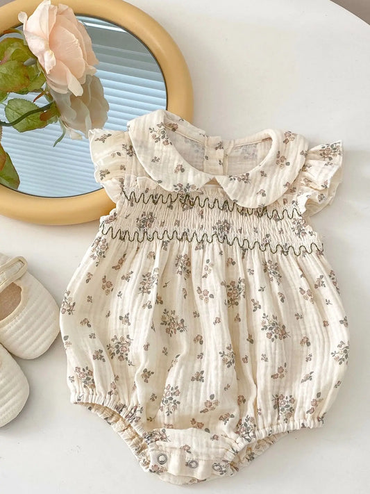 Little Trendy Baby Floral Doll Collar Flying Sleeve Triange Jumpsuit