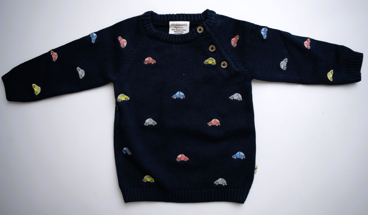 Viverano Organics Mini Beetle Cars Embroidered Baby Sweater (Organic) - Navy Blue