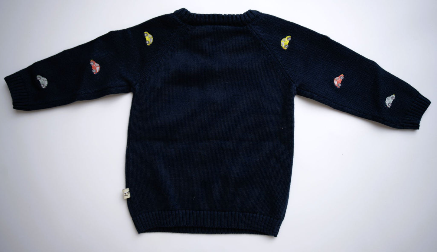 Viverano Organics Mini Beetle Cars Embroidered Baby Sweater (Organic) - Navy Blue