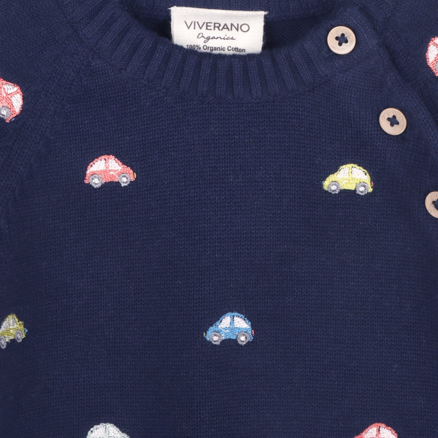 Viverano Organics Mini Beetle Cars Embroidered Baby Sweater (Organic) - Navy Blue