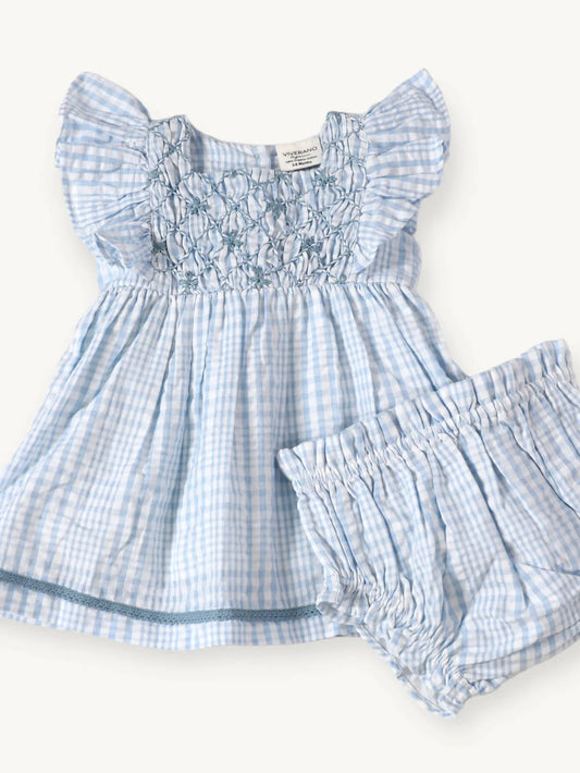 Viverano Organic Anna Hand Smocked Seersucker Baby Dress+Bloomer (Organic) Baby Blue