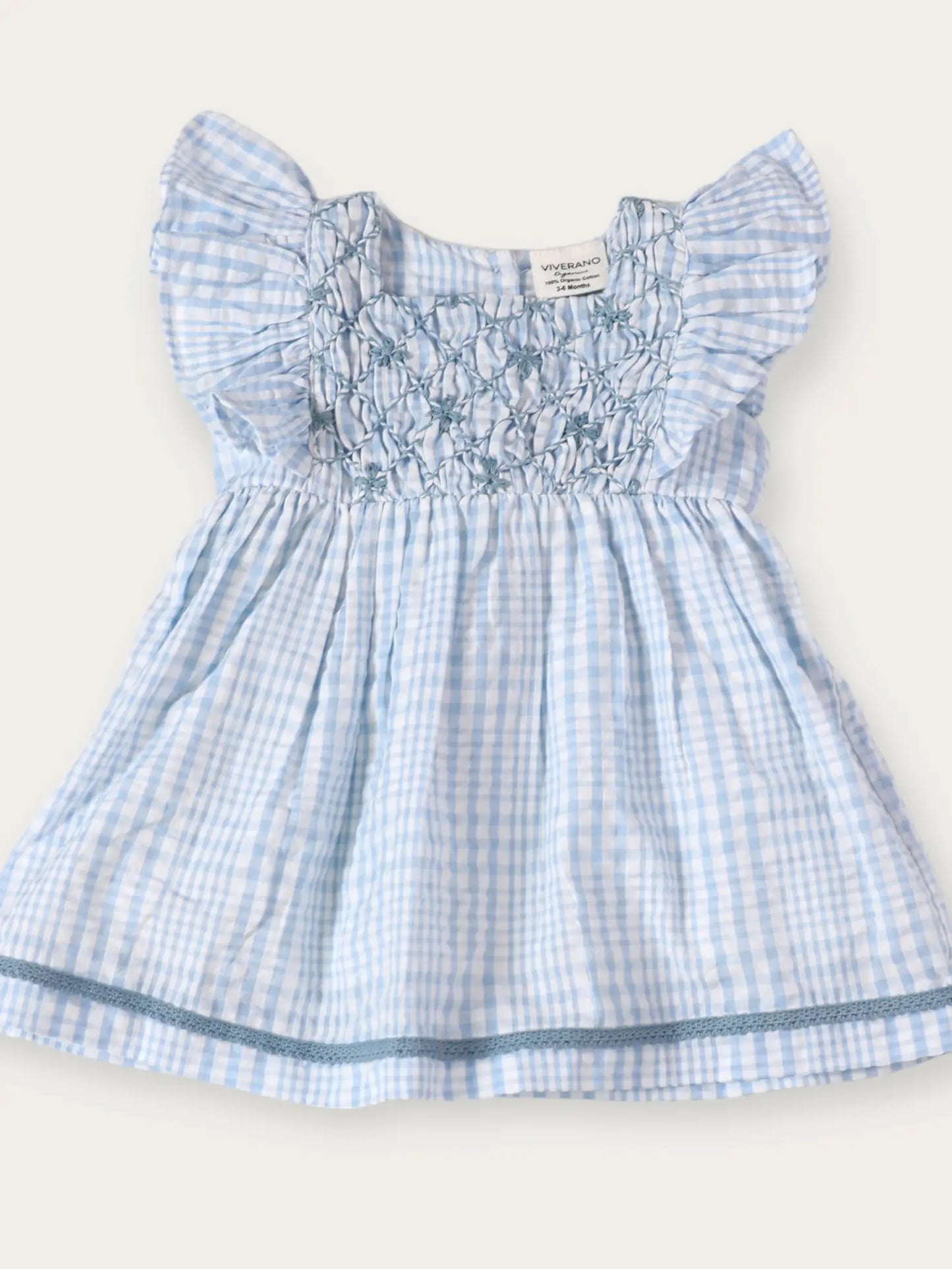 viverano blue plaid smocked girls baby dress with flutter sleeve