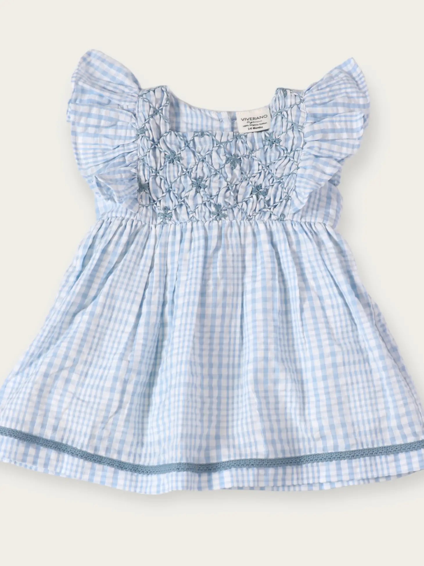 viverano blue plaid smocked girls baby dress with flutter sleeve