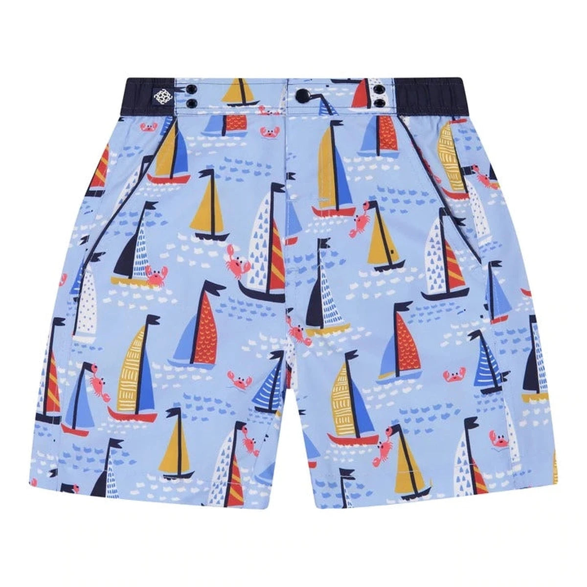 navy blue light blue sail boats swim suit long sleeve rash guard swim trunks