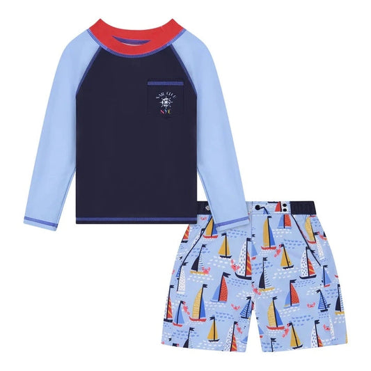 navy blue light blue sail boats swim suit long sleeve rash guard swim trunks