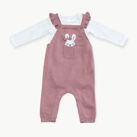 Viverano Organics Bunny Peekaboo Ruffle Baby Girl Knit Overall Set (Organic)