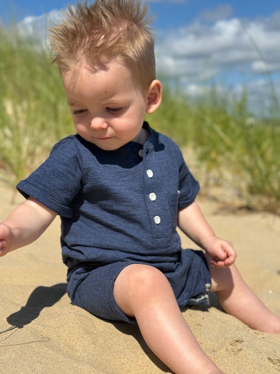 Me & Henry navy henley short sleeve baby boy summer romper