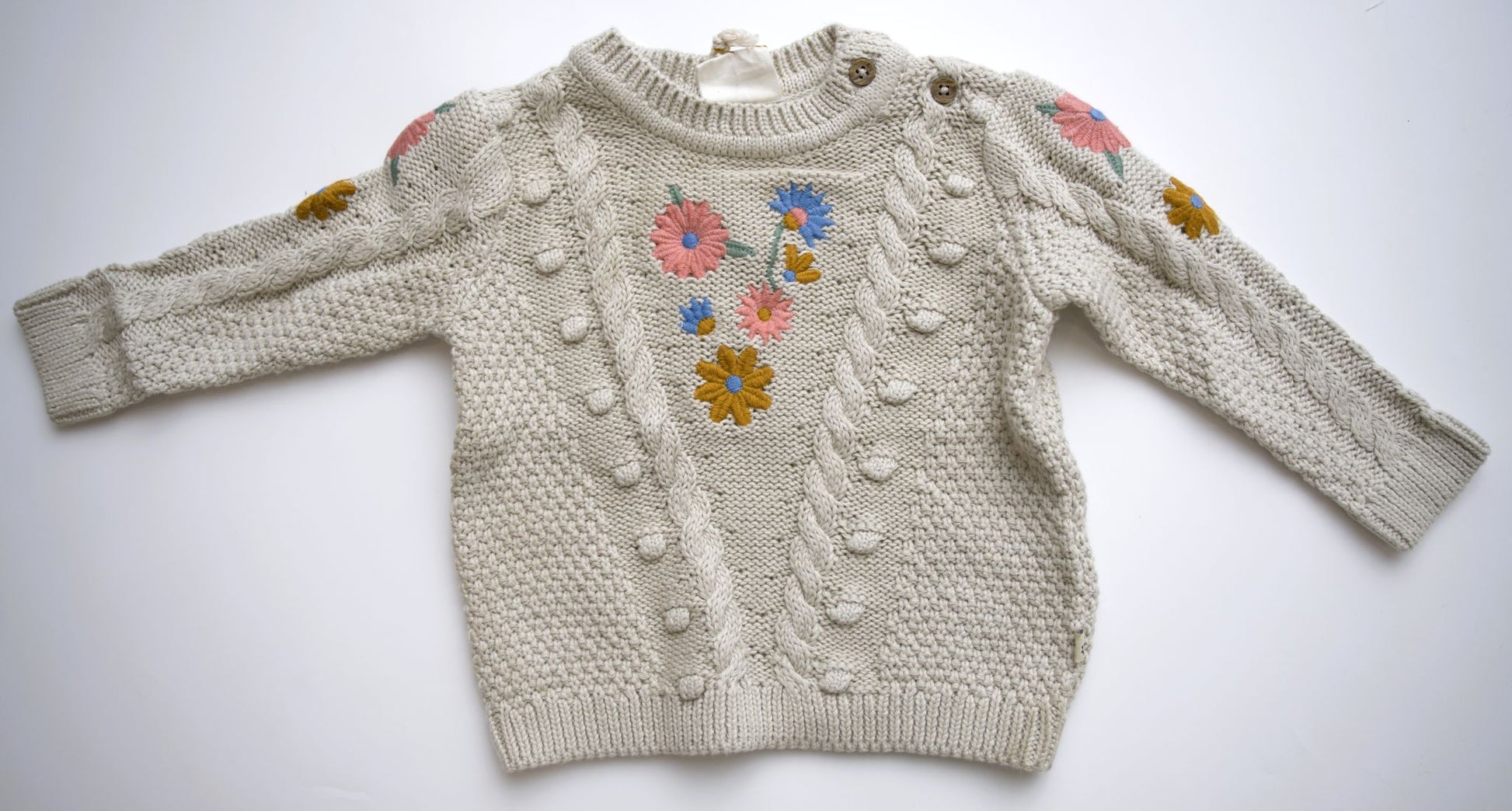 viverano, stone sweater with chunky knit and embroidered fall floral design