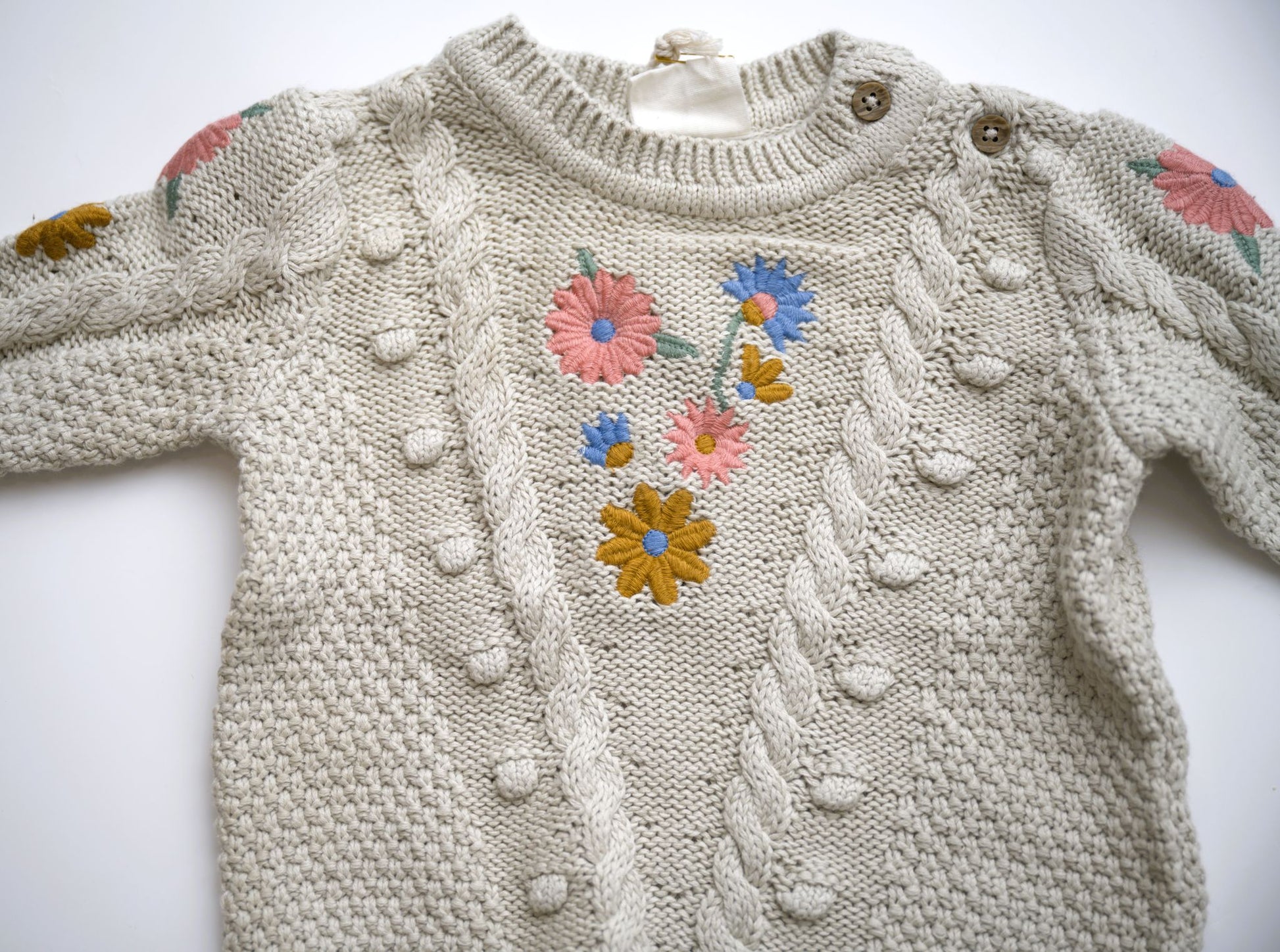 viverano, stone sweater with chunky knit and embroidered fall floral design
