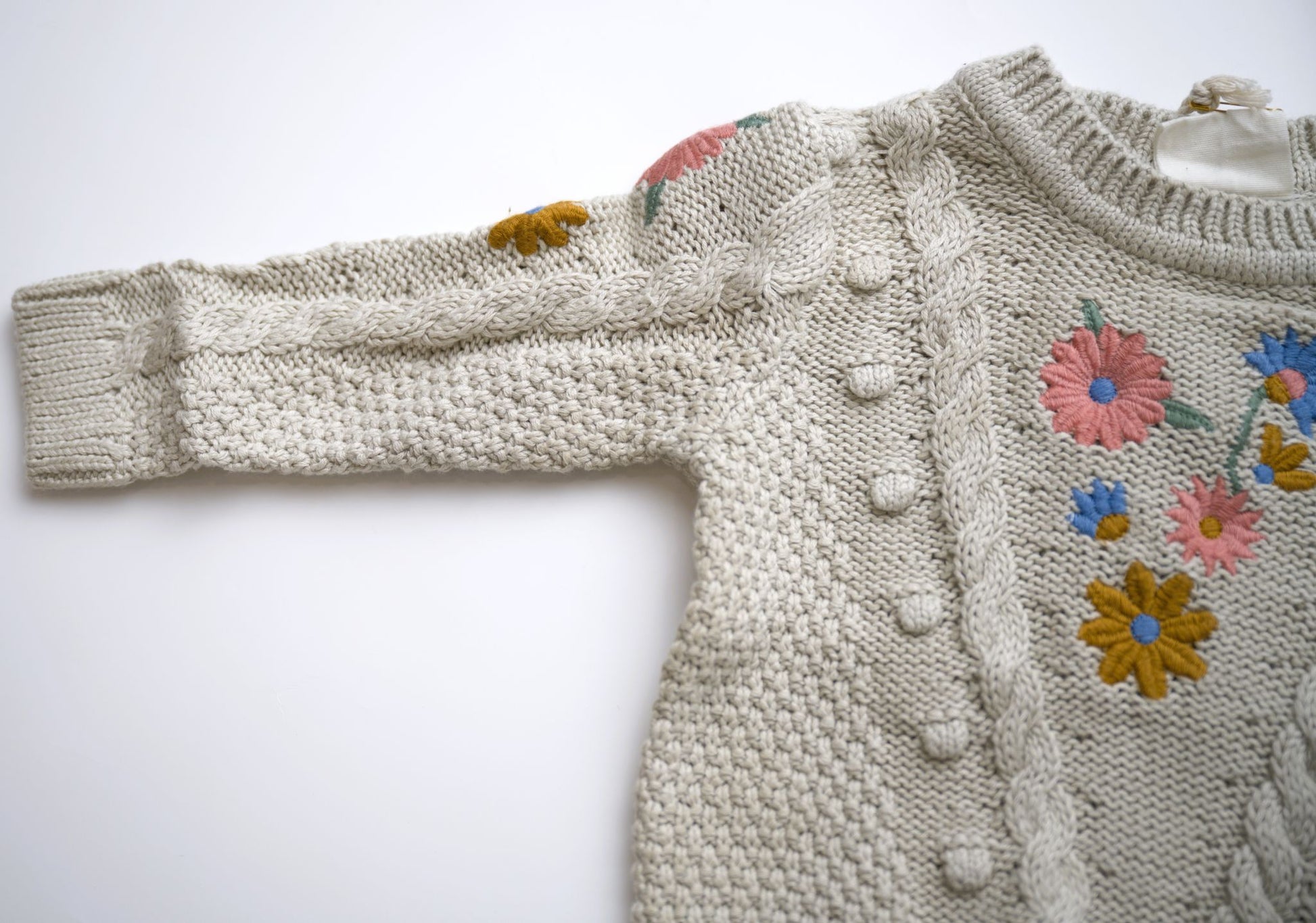 viverano, stone sweater with chunky knit and embroidered fall floral design
