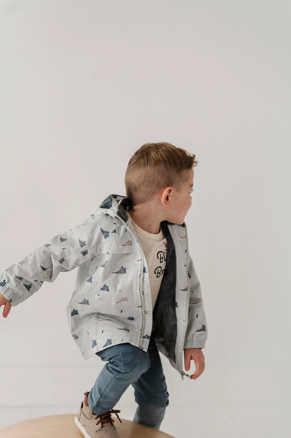 babysprouts, little boy, toddler, lined coat, jacket, fall, autumn, blue, sneaker print