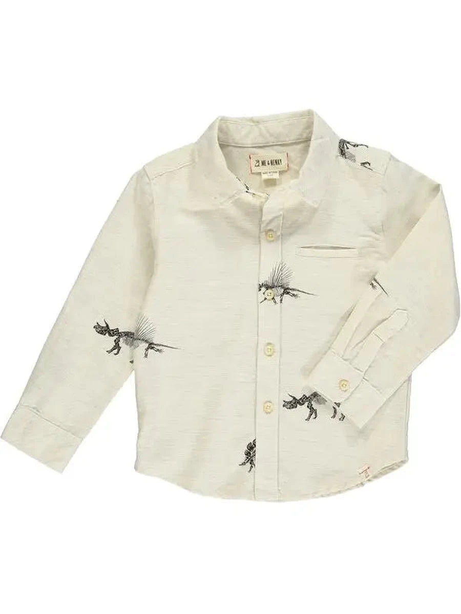 me and Henry cream woven dinosaur long sleeve collared shirt
