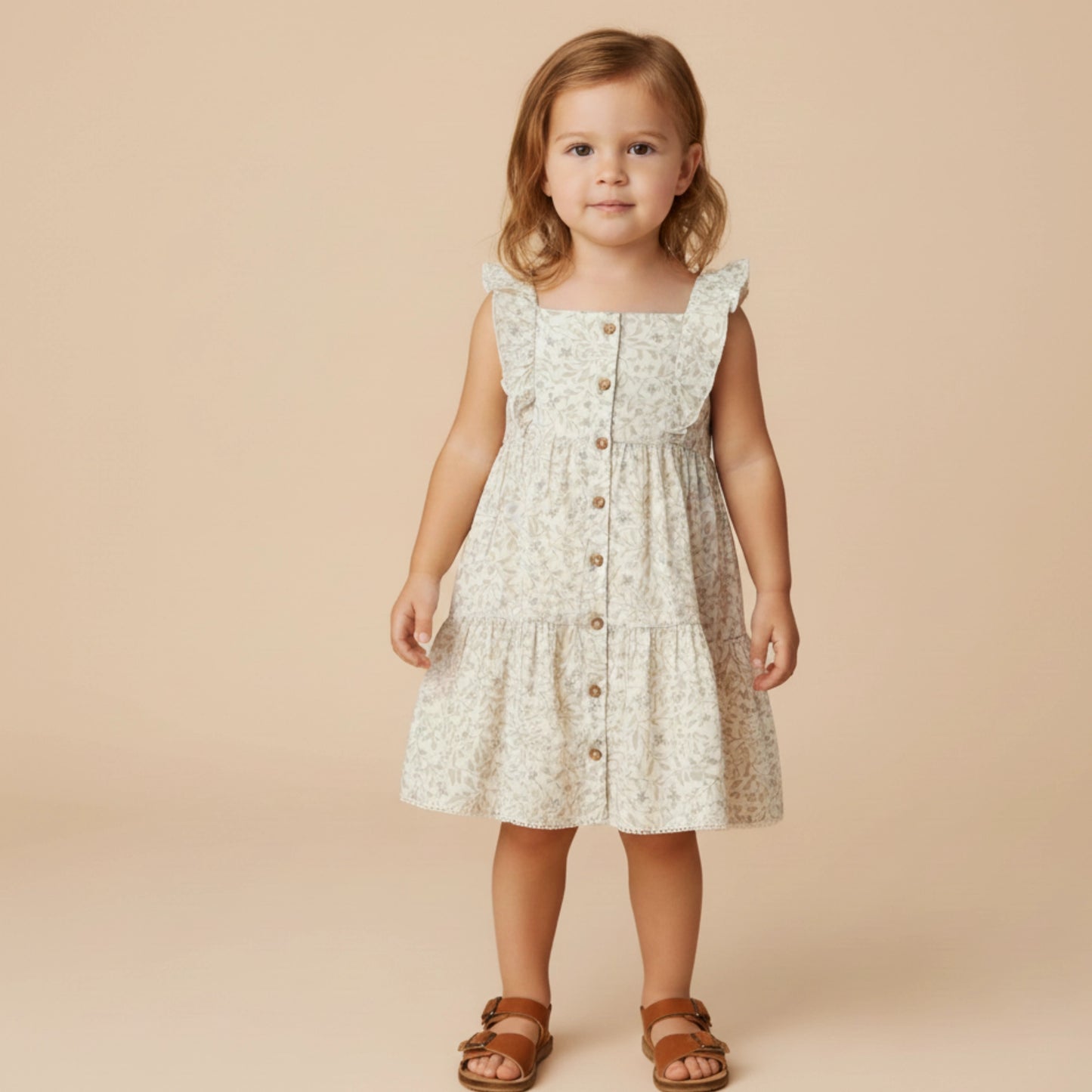 Makemake Organics Organic Flutter Buttoned Tiered Dress - Ivy Floral